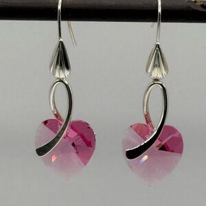 Austrian Pink Rose Heart Dangle Earrings